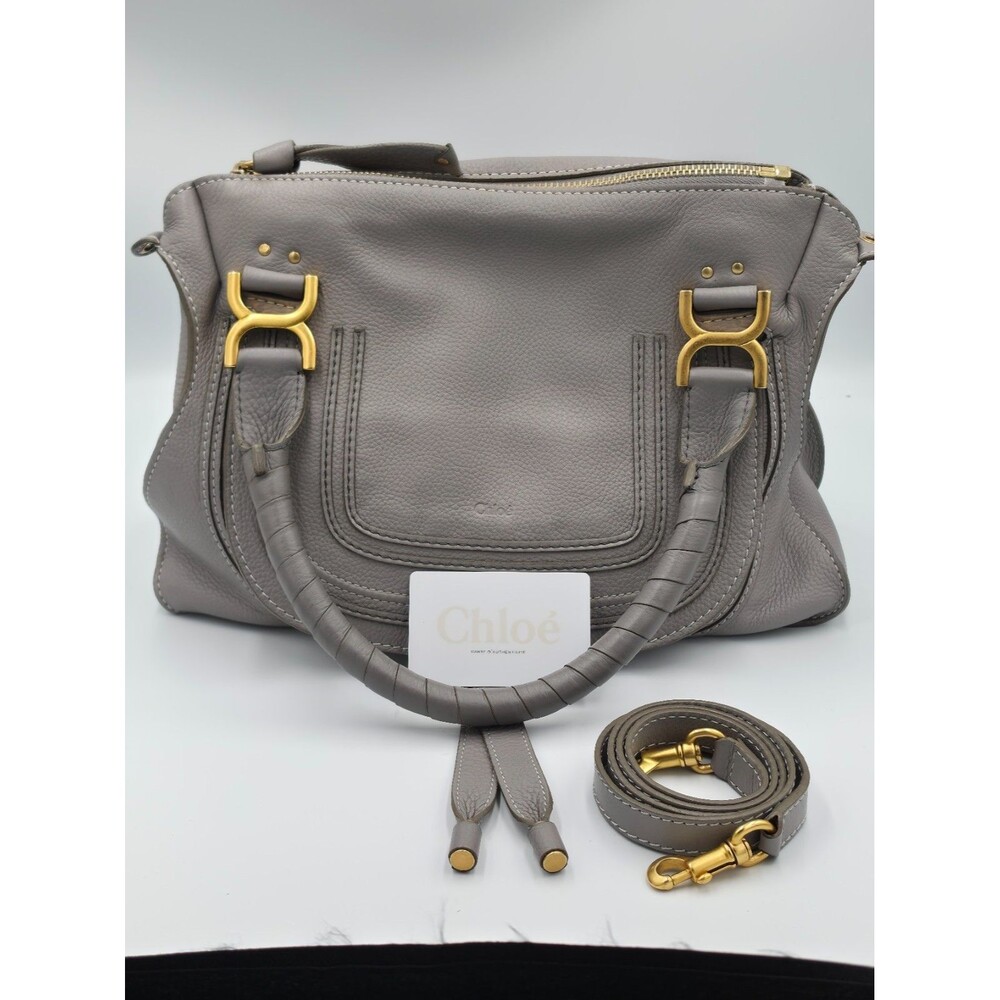 Chloe Marcie Medium Satchel Crossbody Bag Motty Grey Pebbled Leather Authentic - Picture 5 of 5